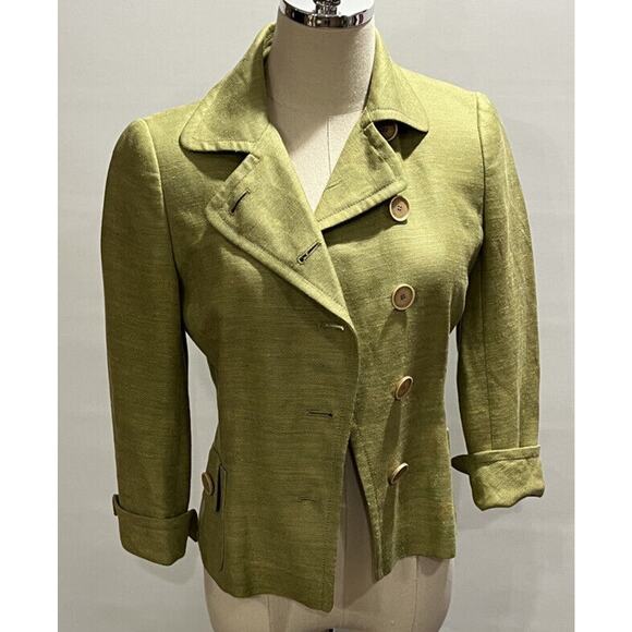 Akris Punto Green Linen Silk Blend Asymmetrical Button Blazer Jacket Size US 4 - Picture 2 of 12